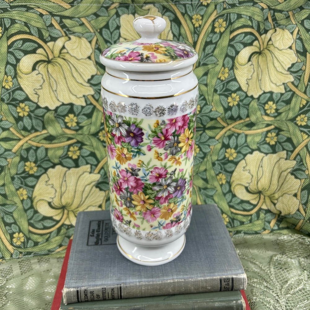 Vintage Floral Chintz Porcelain Tall Canister Decorative Jar - Vanity Bathroom